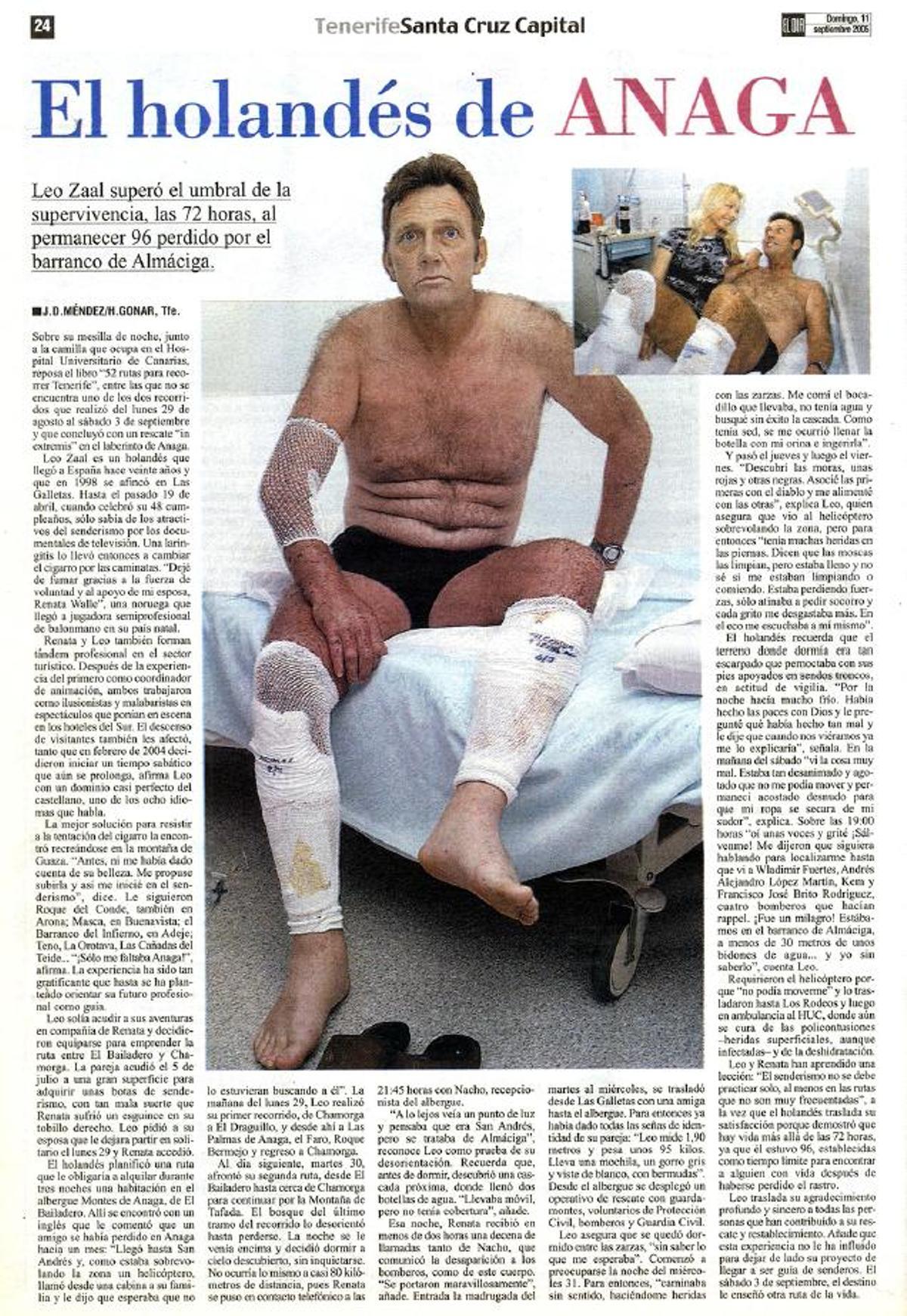 Página de El Día del domingo 11 de septiembre de 2005 con la historia del holandés de Anaga