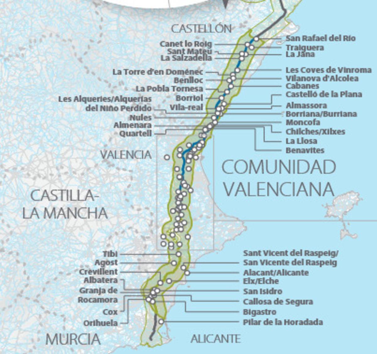 Trazado del hidroducto a su paso por la Comunitat Valenciana.