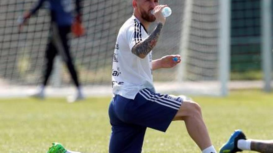 Messi durante el entrenamiento de ayer.