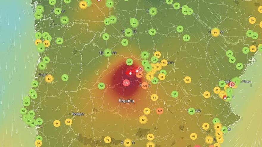 Mapa de calidad del aire en España este domingo.