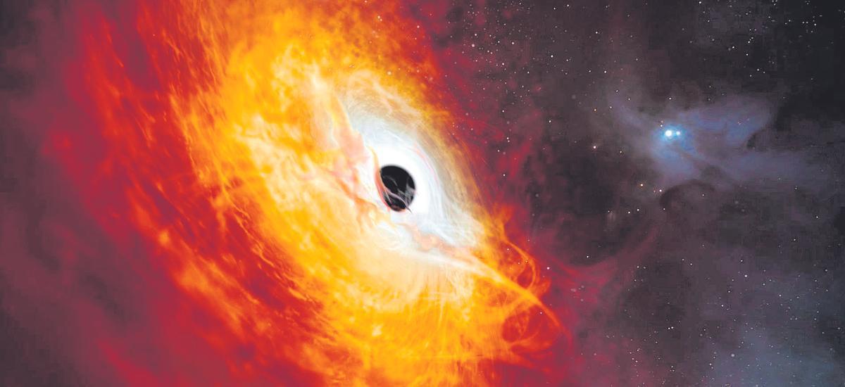 El agujero negro tiene el cuásar más rápido y brillante jamás visto. This illustration provided by the European Southern Observatory in February 2024, depicts the record-breaking quasar J059-4351, the bright core of a distant galaxy that is powered by a supermassive black hole. The supermassive black hole, seen here pulling in surrounding matter, has a mass 17 billion times that of the Sun and is growing in mass by the equivalent of another Sun per day, making it the fastest-growing black hole ever known. (M. Kornmesser/ESO via AP) / AP PROVIDES ACCESS TO THIS PUBLICLY DISTRIBUTED HANDOUT PHOTO PROVIDED BY THE ESO; MANDATORY CREDIT