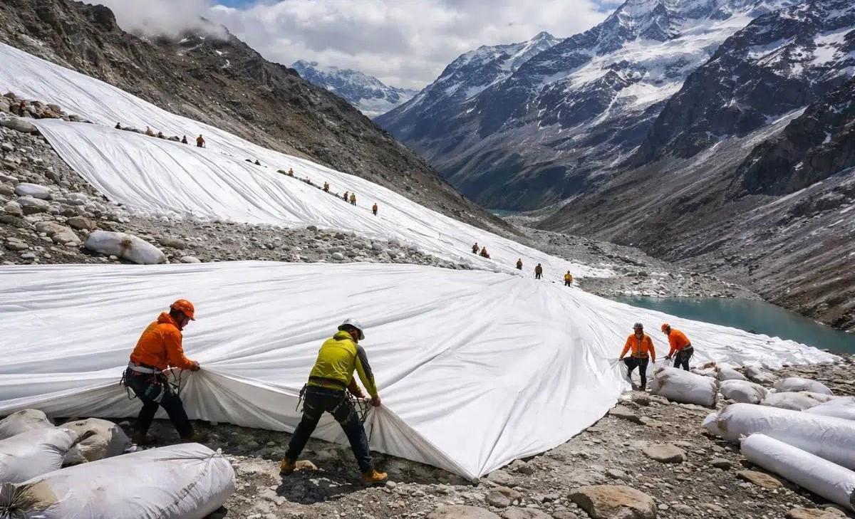 Colocación de mantas térmicas para frenar el derretimiento de un glaciar