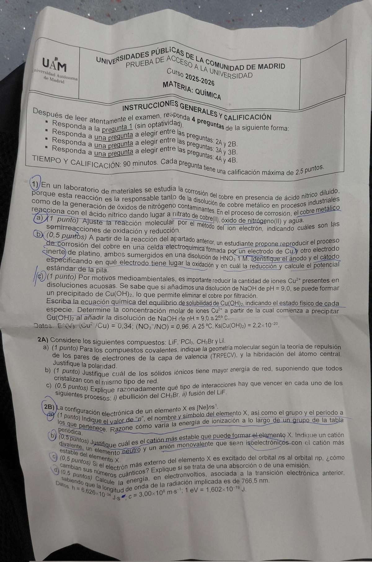 Examen de Química de la PAU 2026 de Madrid