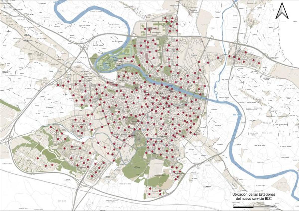 Mapa aproximado de donde estarán localizadas las estaciones de Bizi Zaragoza