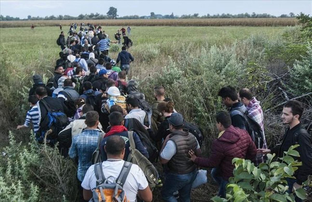 Immigrants il·legals es disposen a creuar a través de les vies de tren la frontera entre Hongria i Sèrbia, a prop de Roszke.