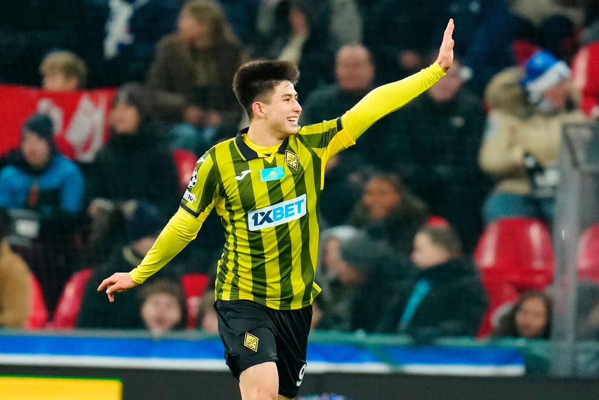 Almaty's Dastan Satpaev celebrates after scoring his side's first goal during the Champions League opening phase soccer match between FC Copenhagen and Kairat Almaty in Copenhagen, Denmark, Wednesday, Nov. 26, 2025. (Ida Marie Odgaard/Ritzau Scanpix via AP)
