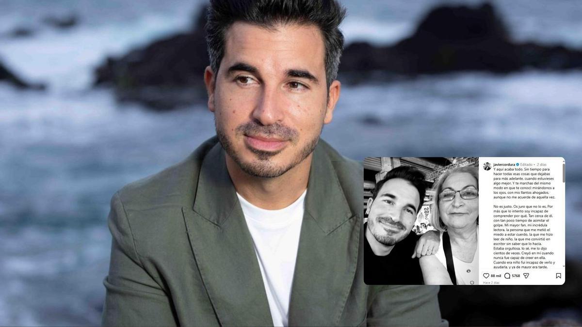 El escritor Javier Castillo, y en recuadro, el mensaje dedicado a su madre