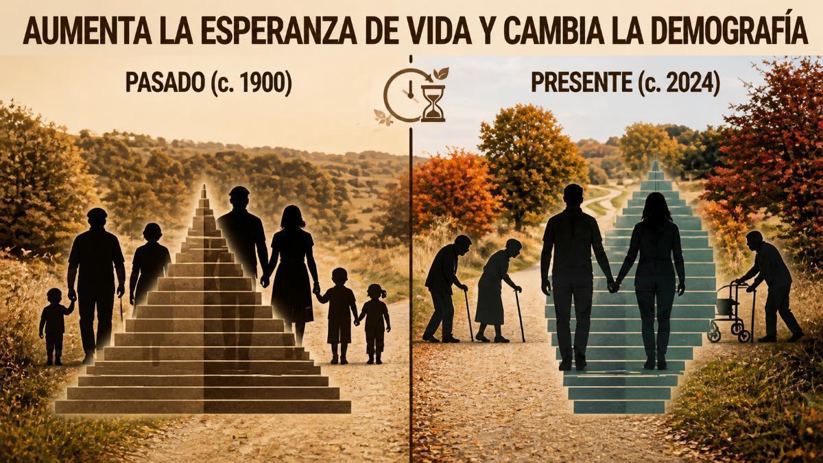 Del pasado al presente: al aumentar la esperanza de vida y reducirse la natalidad, la pirámide demográfica se estrecha por la base y gana peso en las edades avanzadas.