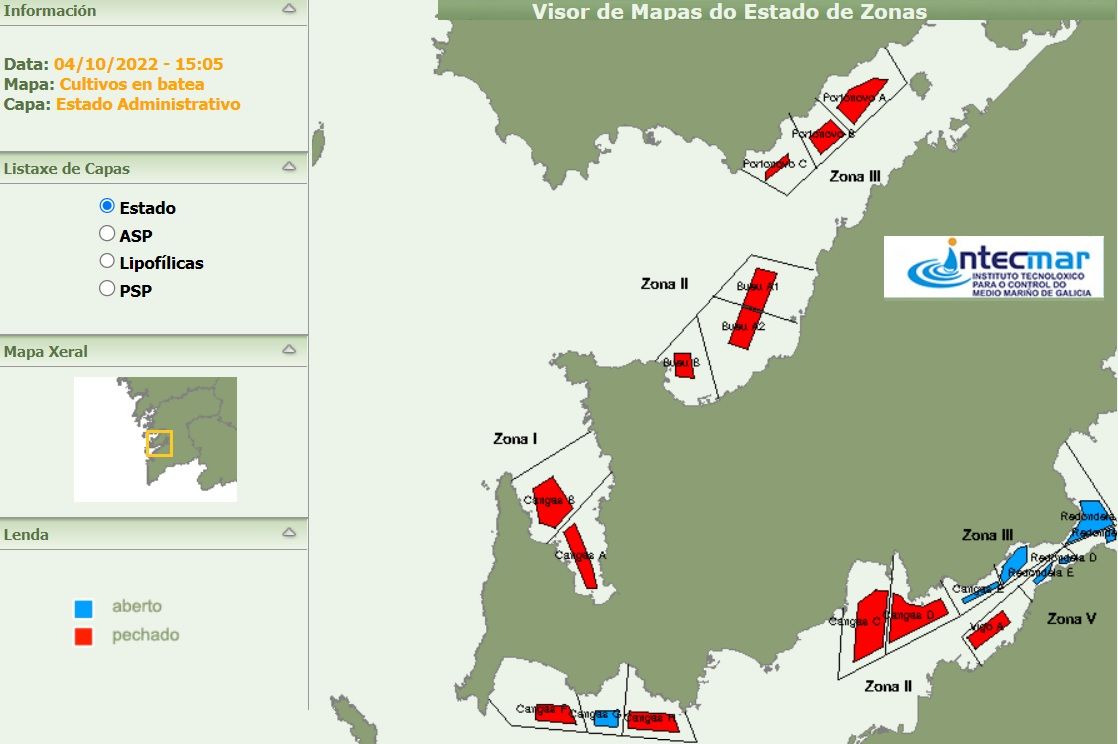 Mapa que muestra los polígonos bateeiros afectados en las rías de Pontevedra y Vigo.