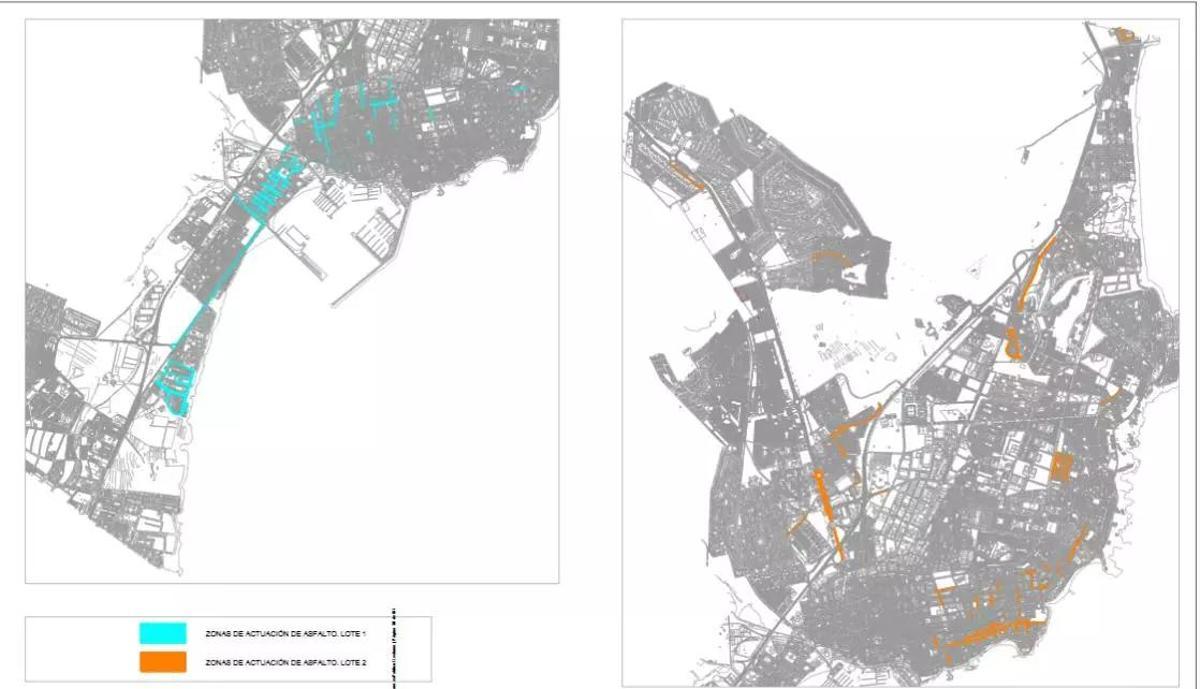 En azul (sector sur) y en naranja (sector norte) en los que se va a asfaltar