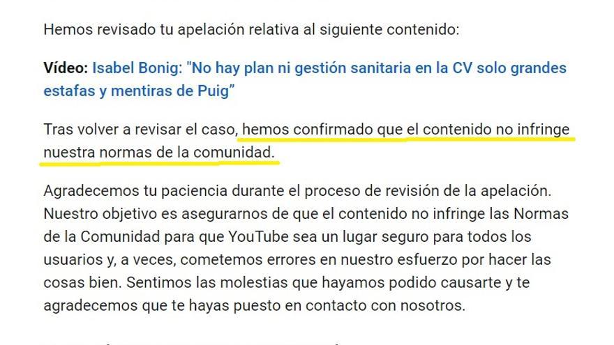 Respuesta Youtube a la reclamación del PPCV sobre el video borrado