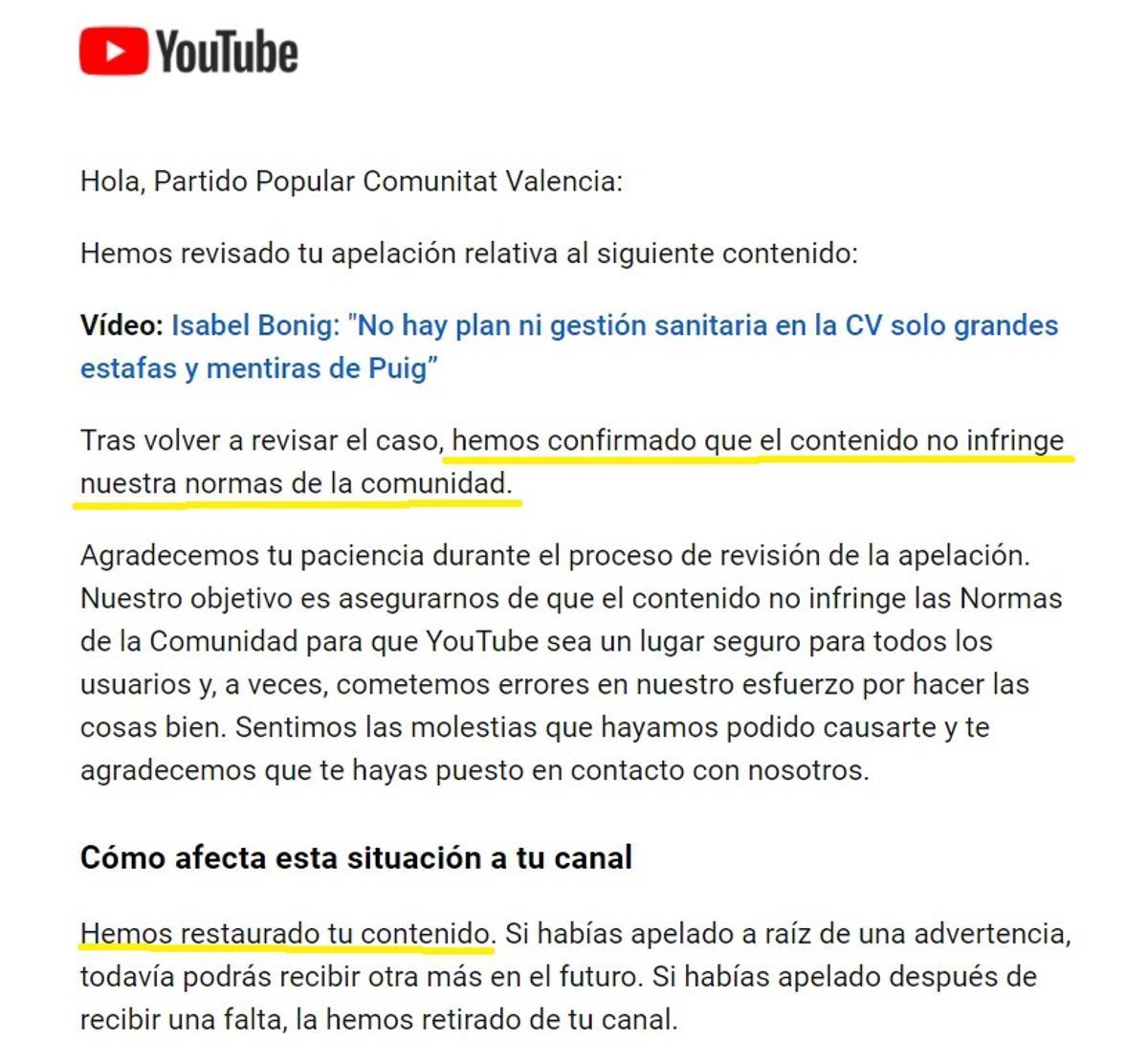 Respuesta Youtube a la reclamación del PPCV sobre el video borrado