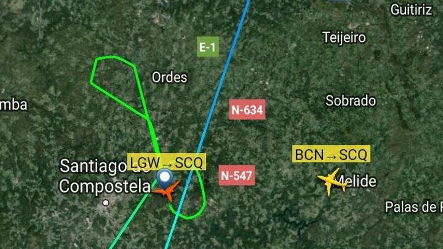 Gráfico de un vuelo Londres-Santiago de Easyjet dando vueltas en Lavacolla