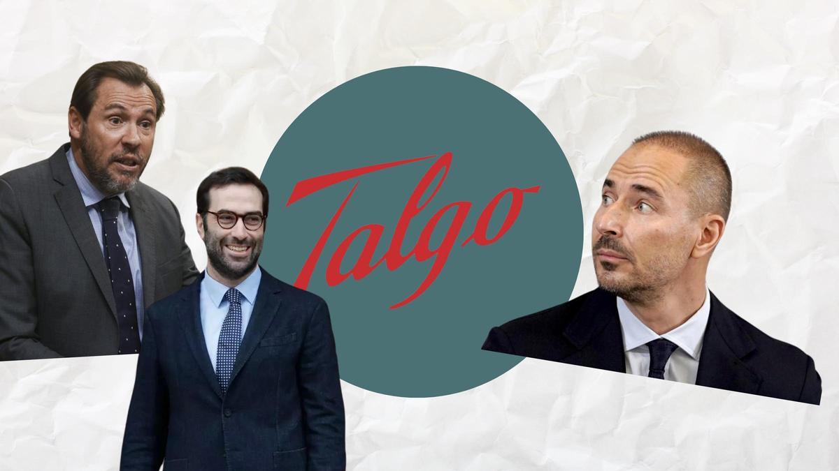 Infografía que incluye a Óscar Puente, ministro de Transportes, Carlos Cuerpo, ministro de Economía, y András Tombor, líder de la opa de Magyar Vagon sobre Talgo