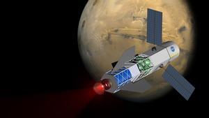 Concepto artístico de una nave espacial impulsada por un cohete alimentado por fusión nuclear llegando a Marte.