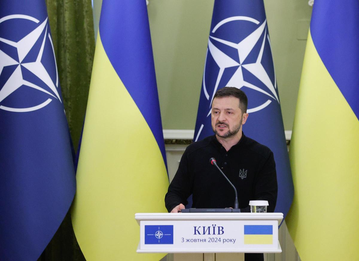 El presidente de Ucrania, Volodímir Zelenski, durante una rueda de prensa en Kiev.