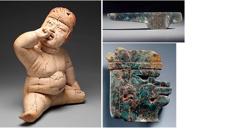 Representación del rey obeso de los mayas y piezas con restos de cinabrio