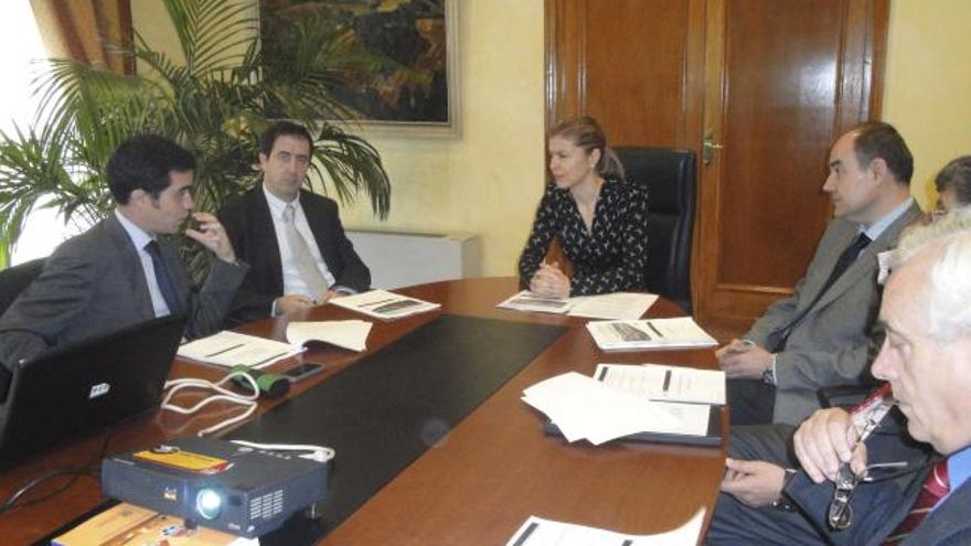 La subdelegada del Gobierno, Clara San Damián (centro), durante la reunión con los ingenieros.