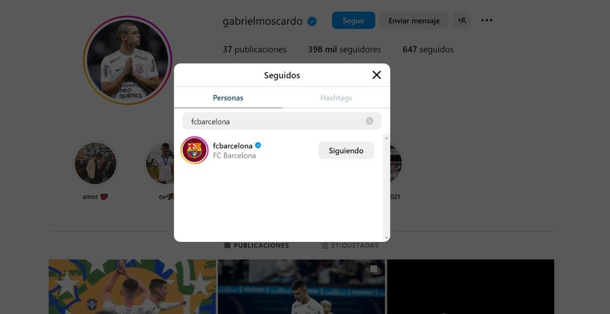Gabriel Moscardo sigue al FC Barcelona desde su cuenta de Instagram