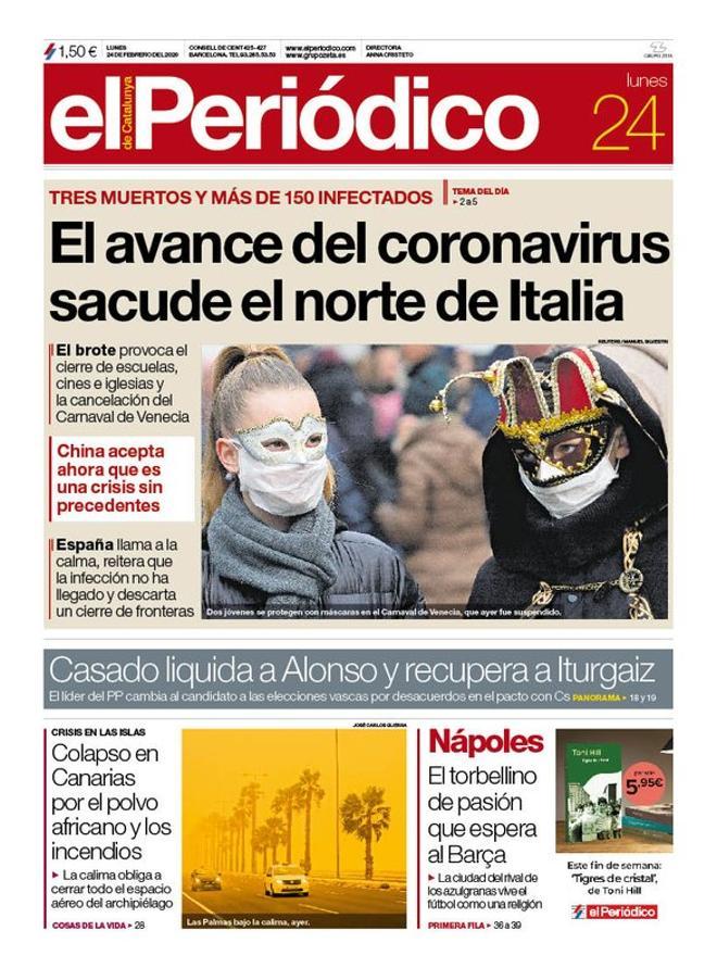 Portada de EL PERIÓDICO del 24 de febrero del 2020.