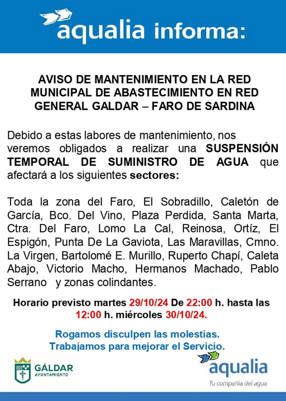 Aviso del corte de agua en Gáldar para este martes.
