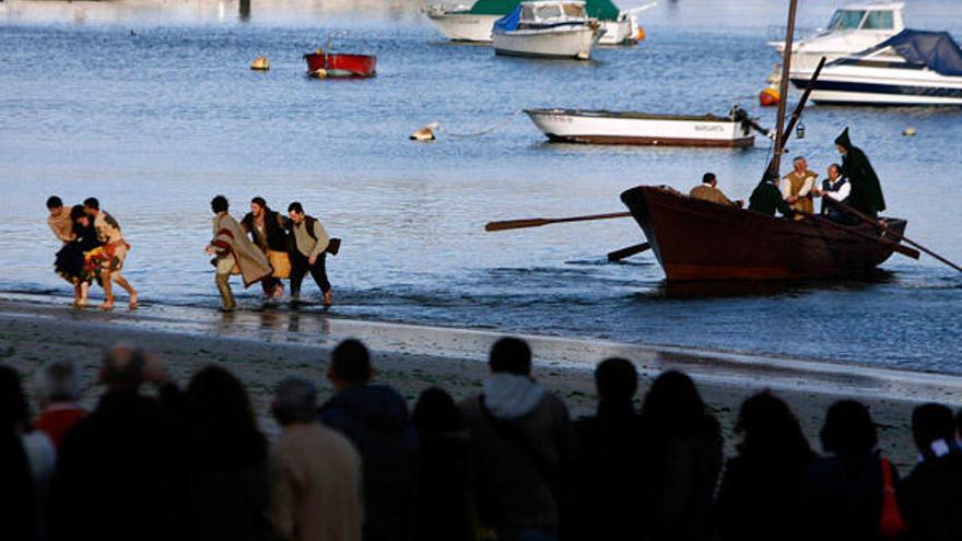 Recreación de la llega de la Carabela Pinta a Baiona con uno de los hermanos Pinzón.