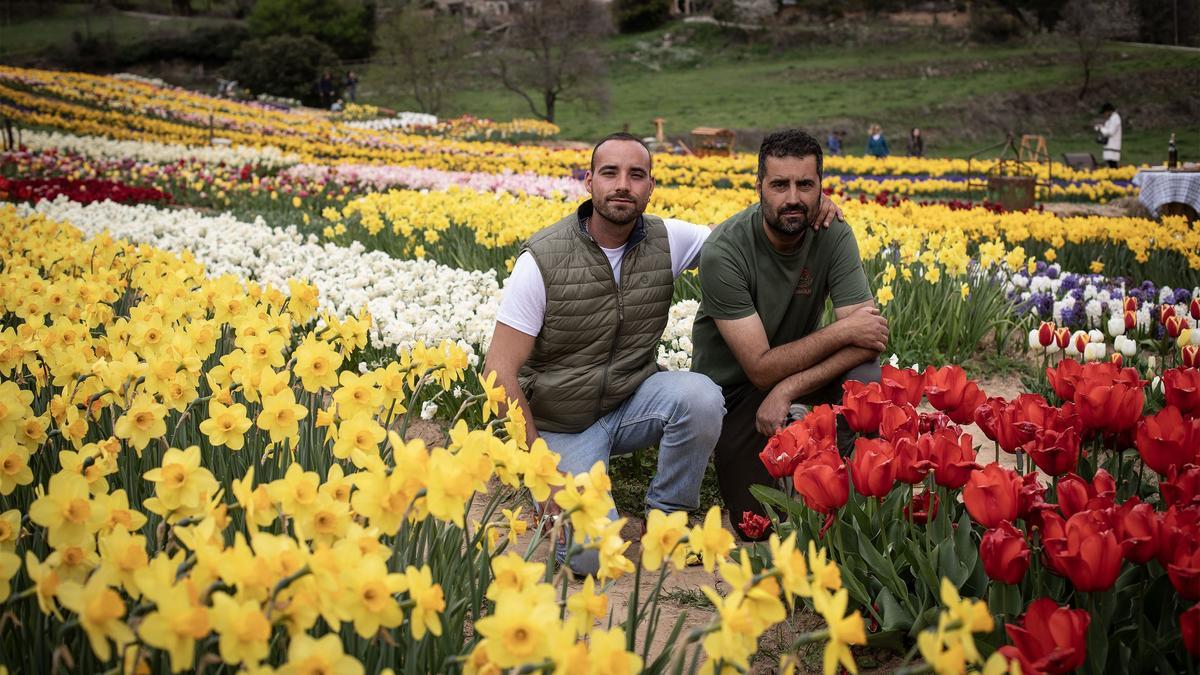 Arnau Puig y Josep Mosoll, cofundadores de Niudalia, posan entre narcisos y tulipanes.