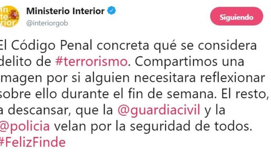 Un polémico tuit de Interior explica qué es &quot;delito de terrorismo&quot; según el Código Penal