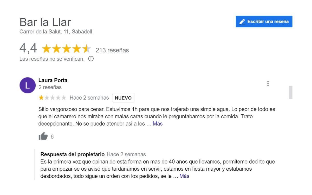 Reseñas de Google sobre el bar La Llar de Sabadell.