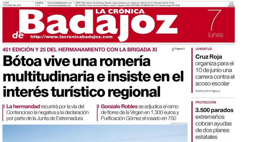 Esta es la portada de LA CRÓNICA DE BADAJOZ correspondiente al día 7 de mayo del 2018