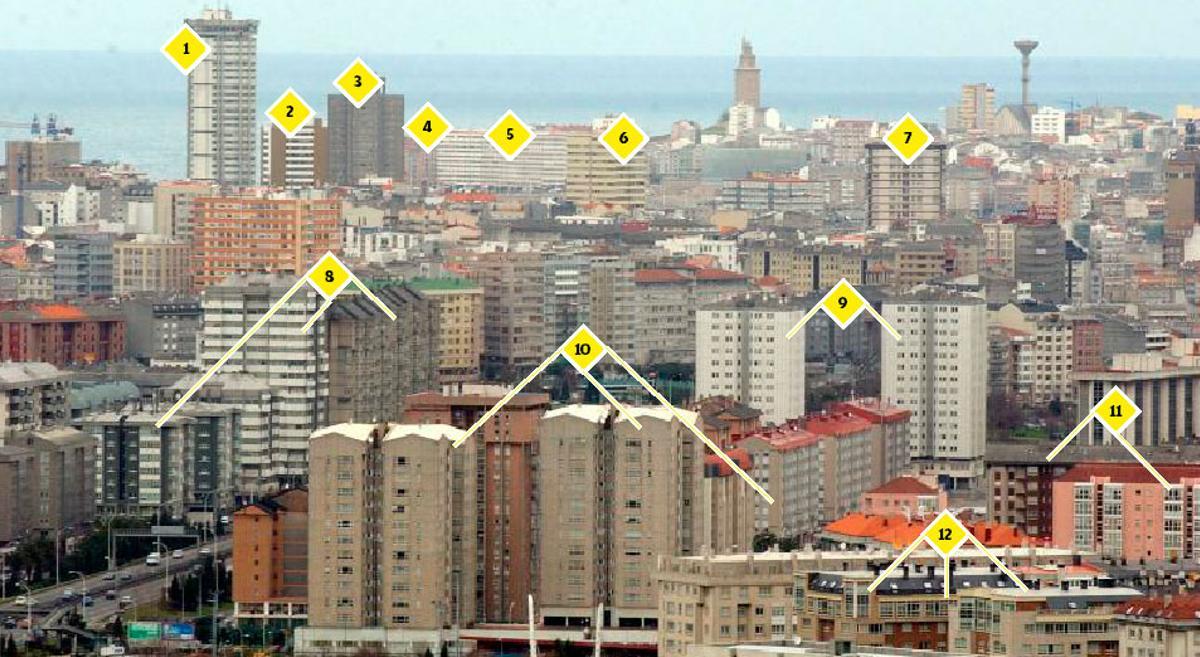 Panorámica de A Coruña con inmuebles singulares: la torre Costa Rica (1), la torre de los Maestros (2), la torre Trébol (3), edificio acristalado del paseo marítimo (4), edificio Mediodía (5), torre Galicia (6), torre junto al antiguo comercio Torres y Sáez en Linares Rivas (7), bloques de viviendas en Elviña 2ª fase (8), torres frente a la delegación de la Xunta (9), edificios residenciales en Salvador de Madariaga (10), Elviña (11) y Matogrande (12).