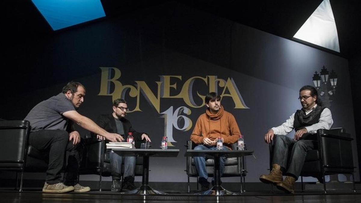 Daniel Fernández, Xavier Aliaga, Juanjo Garcia y Juanjo Braulio, en el homenaje a Rafael Chirbes en BCNegra.