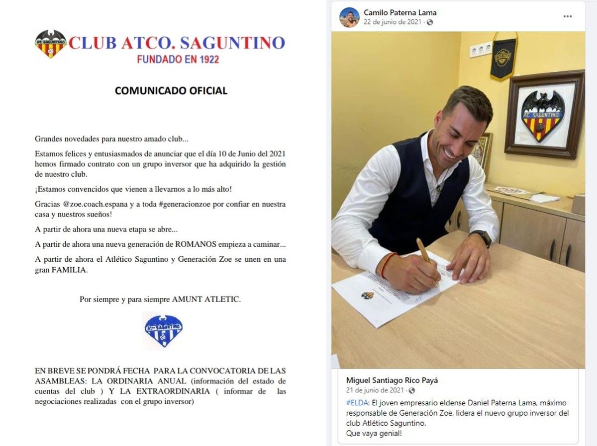 El comunicado que hizo el Atlético Saguntino y Daniel Paterna firmando el acuerdo