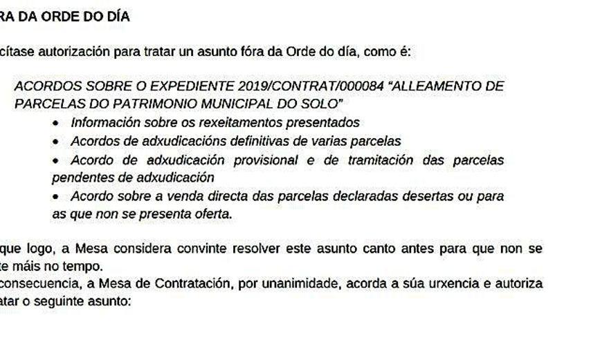 Extracto de la adjudicación en reunión fuera del orden del día y urgente.