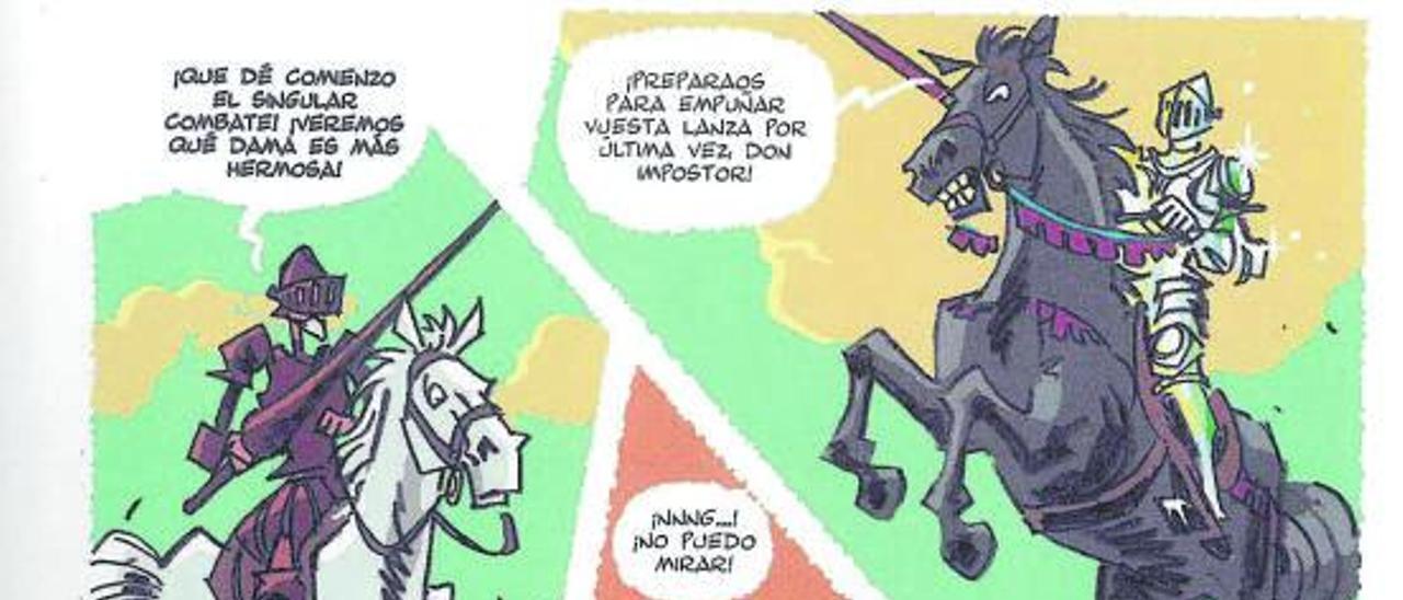 Página que recoge el momento en que don Quijote se enfrente a El Caballero de los Espejos, ante el estupor de Sancho. | | KRAKEN