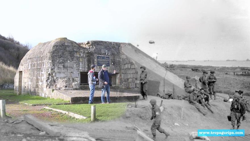 El moañés, con el investigador François Mathy, en un búnker de la playa de Omaha, junto a la imagen real de la batalla de 1944 en ese mismo emplazamiento. // Tropa Guripa