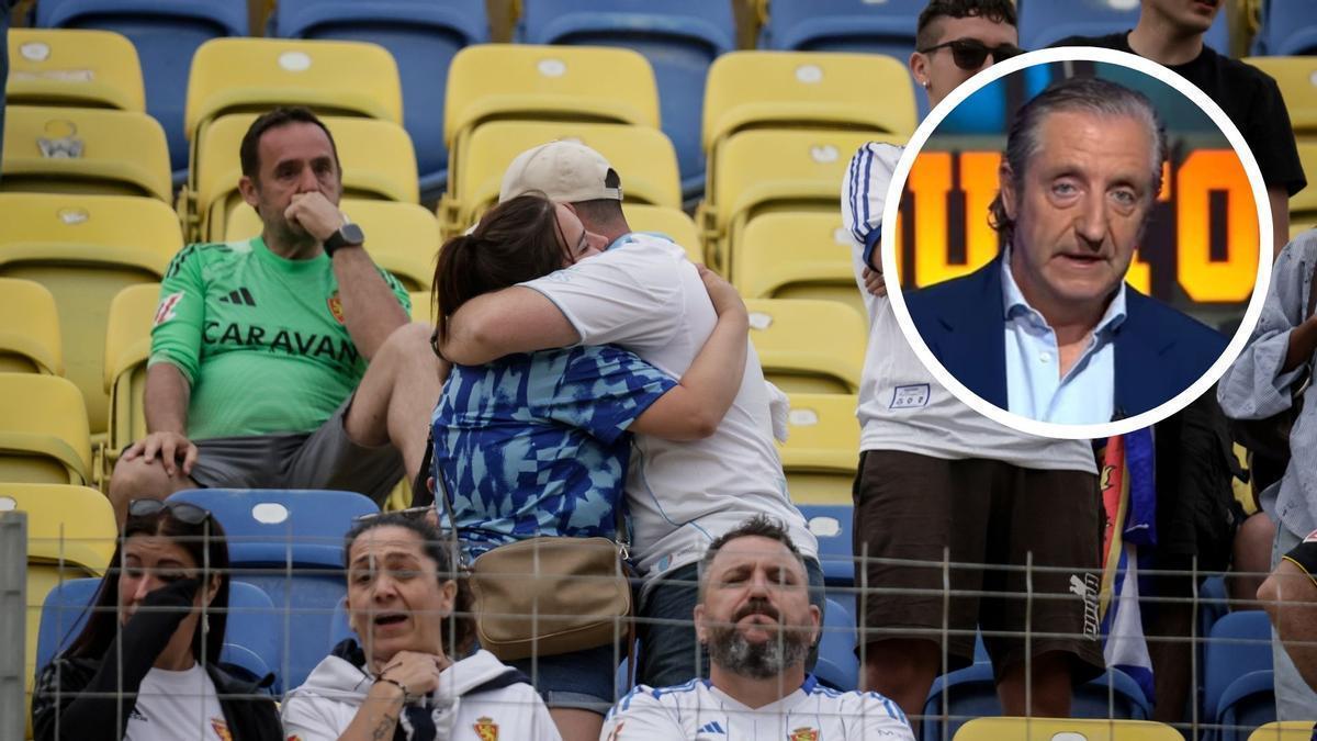 Dos aficionados del Real Zaragoza consolándose en el Estadio de Gran Canaria tras el descenso del club a Primera RFEF. Arriba derecha: Josep Pedrerol, presentador del 'Chiringuito de Jugones'