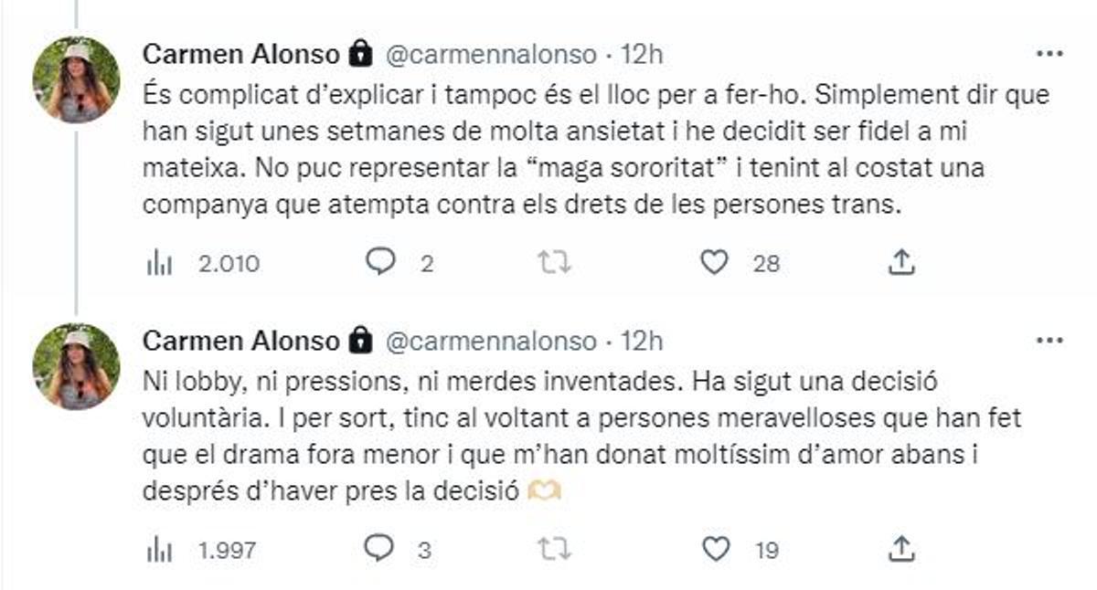 Tuits donde Carmen Alonso explicaba el viernes su renuncia a ser la Maga Sororidad.