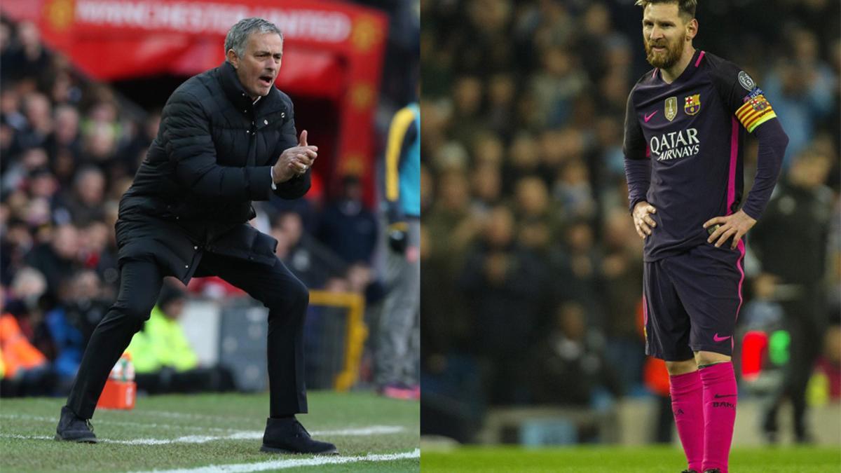 José Mourinho, mánager del Manchester United, y Leo Messi, delantero del FC Barcelona