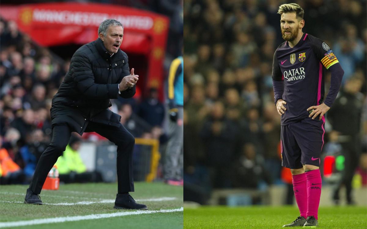 José Mourinho, mánager del Manchester United, y Leo Messi, delantero del FC Barcelona