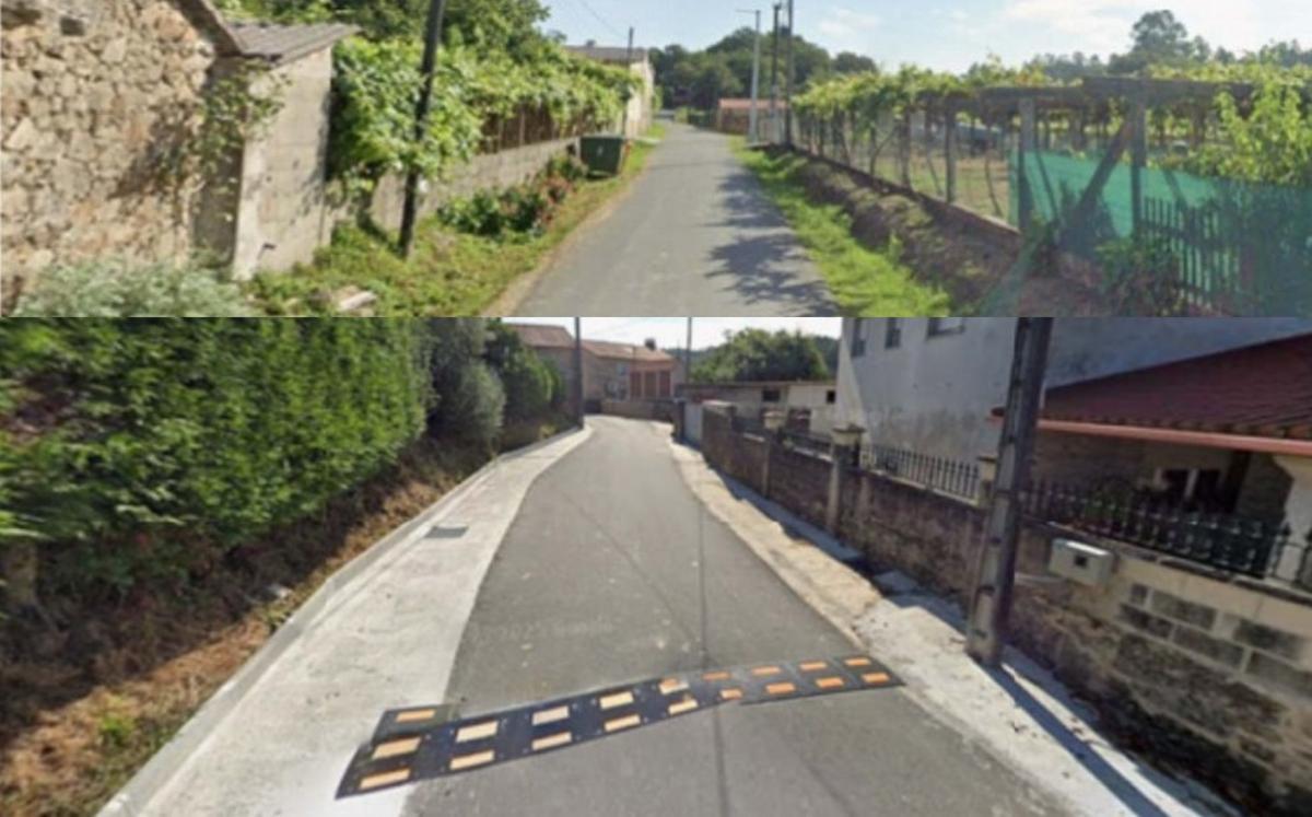 Arriba, un núcleo estradense pionero antes de aplicar las mejoras y abajo, ya con las cunetas cubiertas y badén