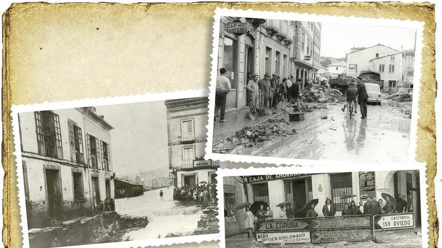 Calles de Vegadeo anegadas por una riada en 1969.