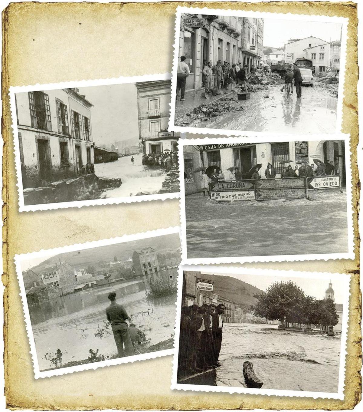 Calles de Vegadeo anegadas por una riada en 1969.