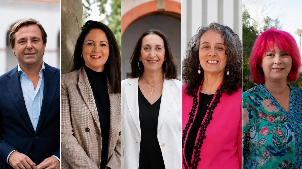 Candidatos de las elecciones andaluzas por Córdoba Antonio Repullo (PP), Silvia Mellado (PSOE), Paula Badanelli (Vox), Rosa Rodríguez (Por Andalucía) y Mariví Serrano (Adelante Andalucía).