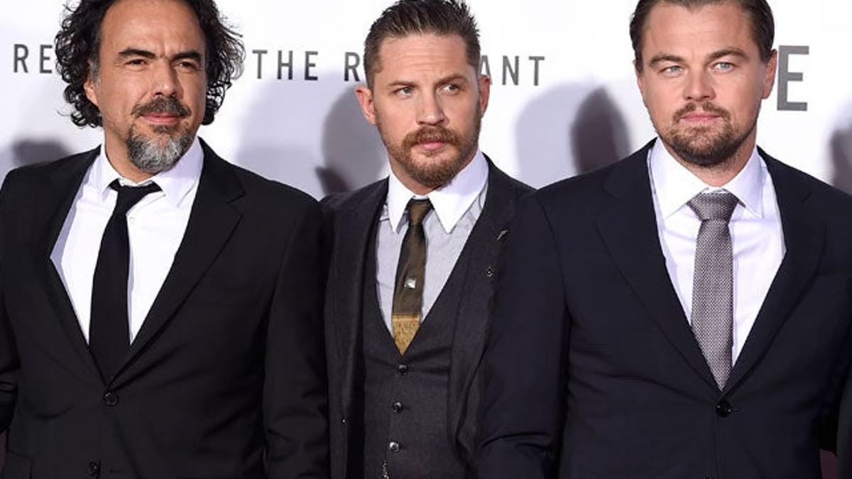 Alejandro González Iñárritu, Tom Hardy y Leonardo DiCaprio, en el estreno mundial de 'The Revenant'