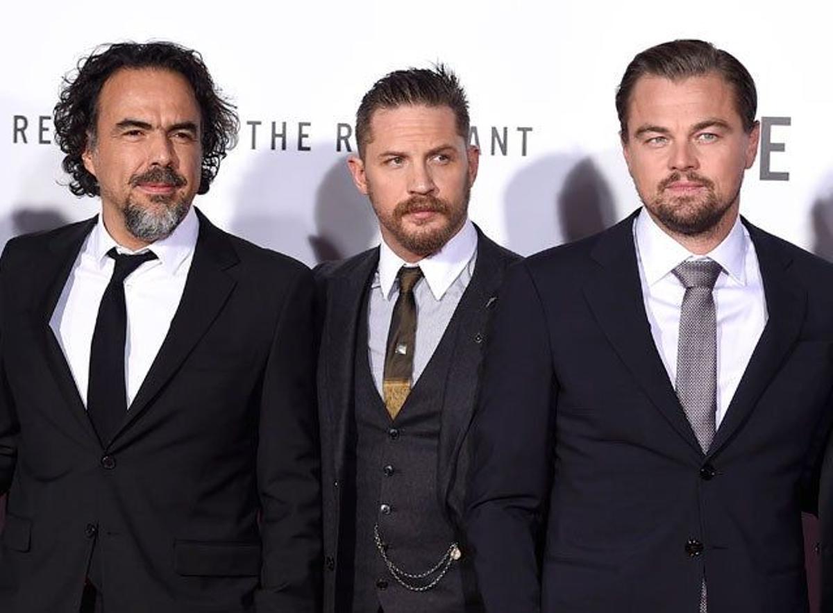 Alejandro González Iñárritu, Tom Hardy y Leonardo DiCaprio, en el estreno mundial de 'The Revenant'