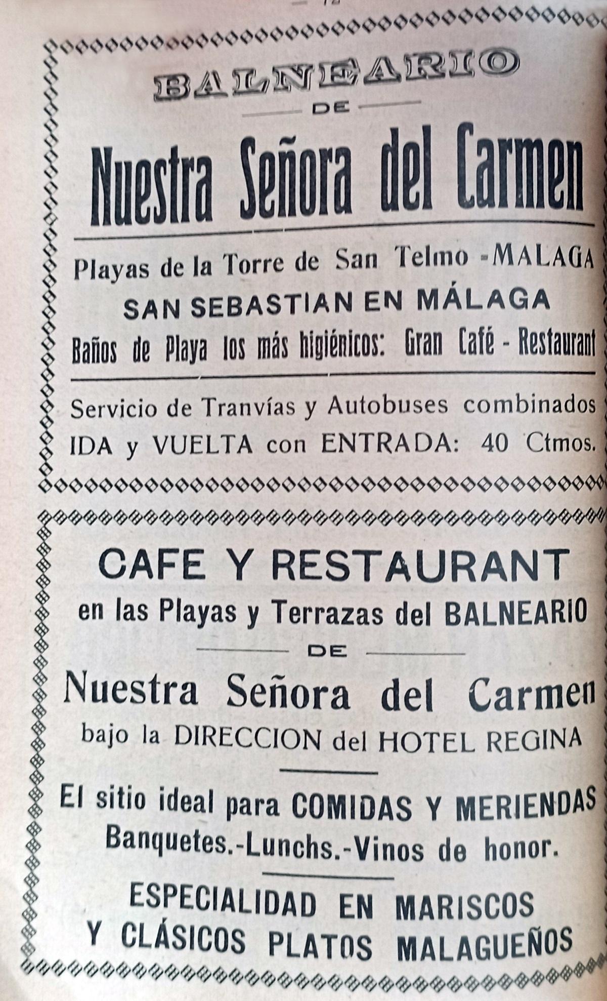 Anuncio publicitario del Balneario Nuestra Señora del Carmen y su servicio de ‘Café y Restaurant’ en la Guía del Bañista en Málaga de 1933.