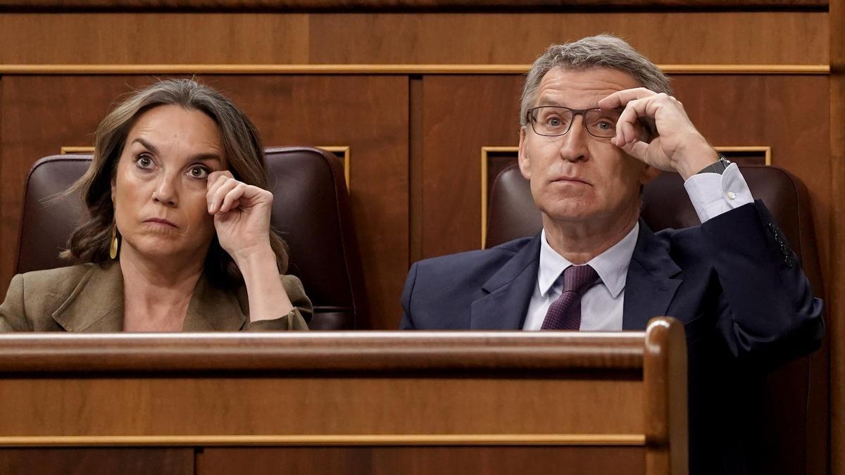 Alberto Núñez Feijóo y Cuca Gamarra durante la comparecencia de Pedro Sánchez en el Congreso