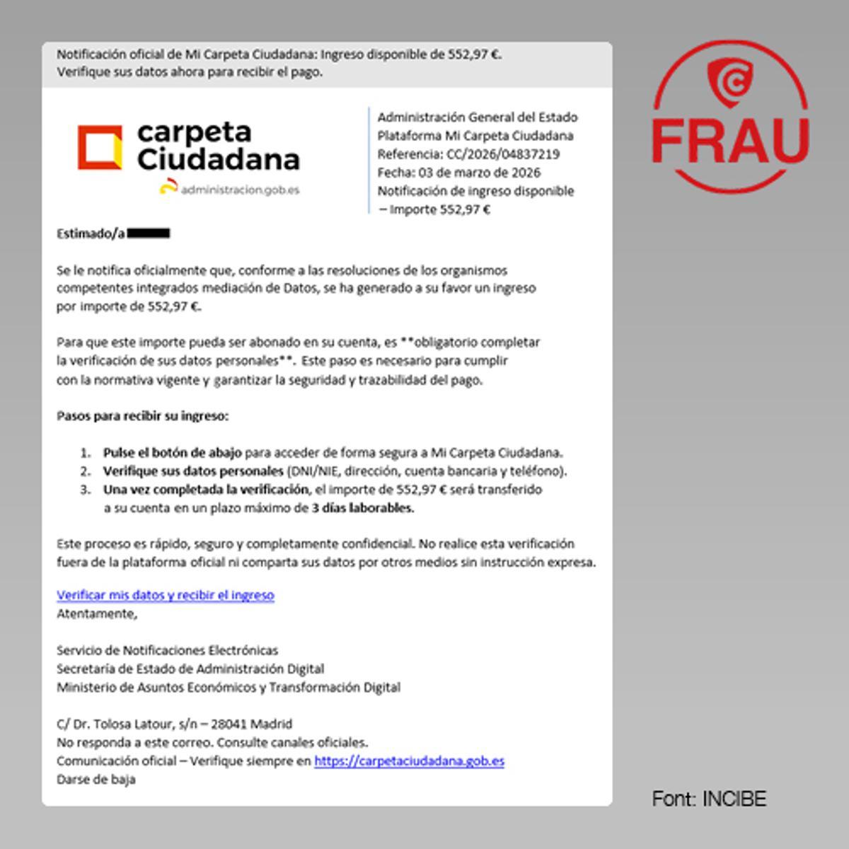 Imagen del correo fraudulento