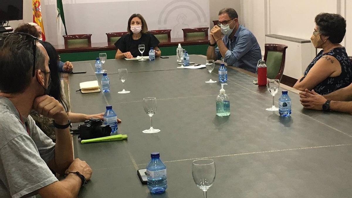 La delegada del Gobierno andaluz en Málaga, Patricia Navarro; el delegado territorial de Salud, Carlos Bautista, y el concejal del distrito de Churriana del Ayuntamiento de Málaga, José del Río, en una reunión con vecinos.